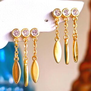 18KT GOLD/925 STERLING SILVER DIAMOND CRYSTAL ZIRCON CHAIN FEATHER DANGLE STUDS